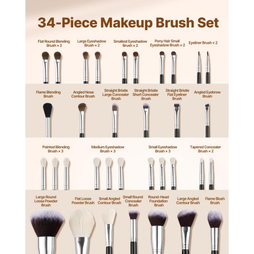 34Piece Makeup Brush Set Professional Brushes Kit for Foundation Blending