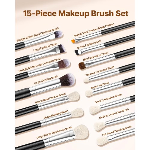 15Piece Makeup Brush Set for Foundation Blending Eyeshadow Professional