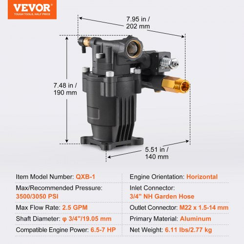 Pressure Washer Pump 34 Shaft Horizontal 3500 PSI 25GPM Replacement