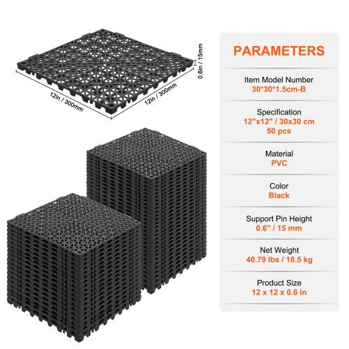 Interlocking Tile 50PCS Black Drainage Tiles 12 x 12 Splicing Soft PVC