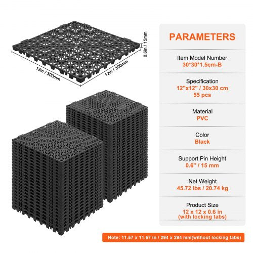 Interlocking Tile 55PCS Black Drainage Tiles 12 x 12 Splicing Soft PVC