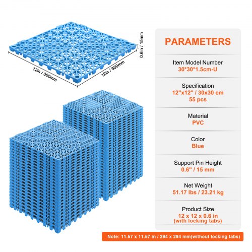 Interlocking Tile 55PCS Blue Drainage Tiles 12 x 12 Splicing Soft PVC