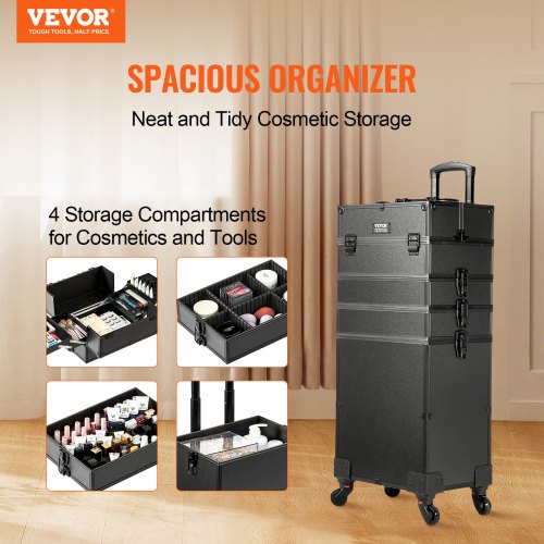 5 in 1 Professional Makeup Train Case Aluminum Cosmetic Case Rolling Makeup