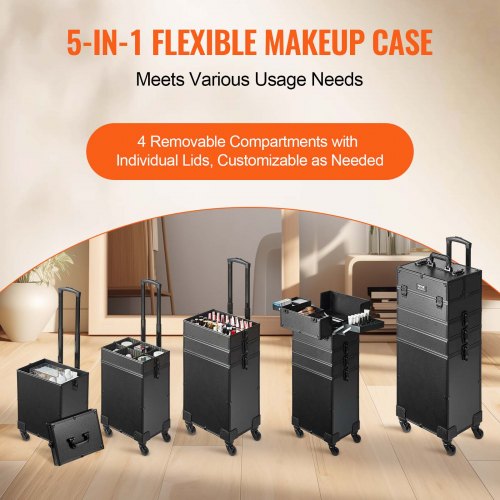5 in 1 Professional Makeup Train Case Aluminum Cosmetic Case Rolling Makeup