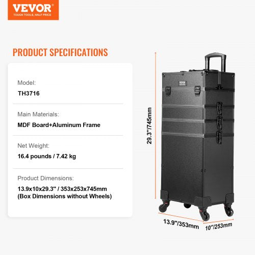 5 in 1 Professional Makeup Train Case Aluminum Cosmetic Case Rolling Makeup