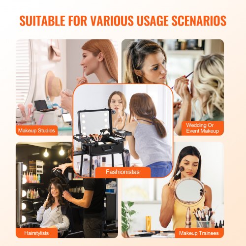 Makeup Train Case with Lock Lighted Mirror 4 Storage Trays Brush Holder