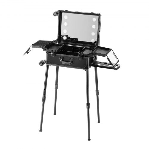 Makeup Train Case with Lock Lighted Mirror 4 Storage Trays Brush Holder