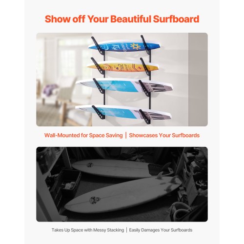 Surfboard Wall Mount 4 Tiers Horizontal Surfboard Rack for Storage and Display