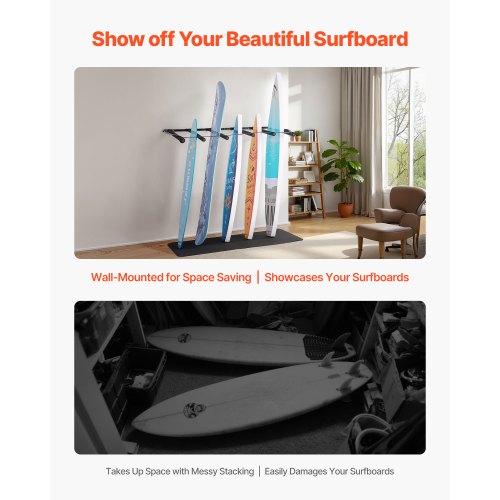 Surfboard Wall Mount 5 Tiers Vertical Surfboard Rack for Storage and Display