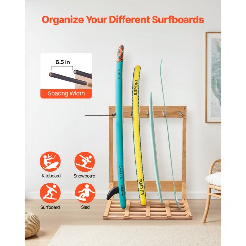 Vertical Surfboard Stand 4 Tiers Wooden Surfboard Rack for Storage and Display