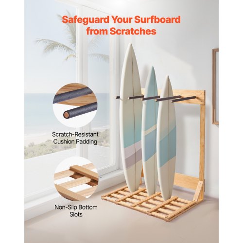 Vertical Surfboard Stand 4 Tiers Wooden Surfboard Rack for Storage and Display