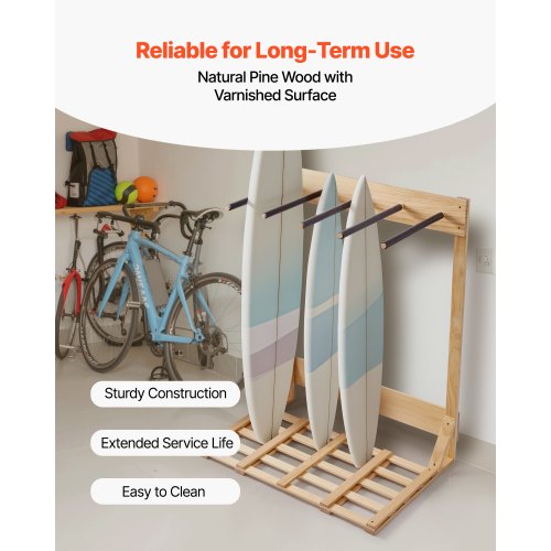 Vertical Surfboard Stand 4 Tiers Wooden Surfboard Rack for Storage and Display