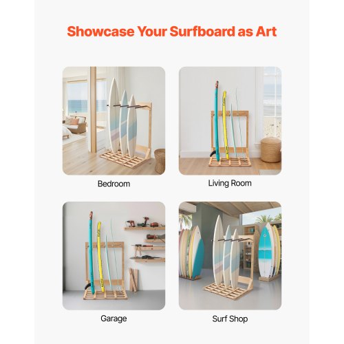Vertical Surfboard Stand 4 Tiers Wooden Surfboard Rack for Storage and Display