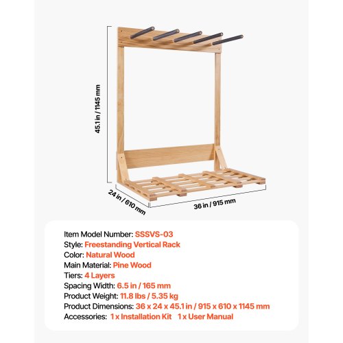 Vertical Surfboard Stand 4 Tiers Wooden Surfboard Rack for Storage and Display