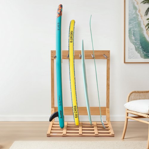 Vertical Surfboard Stand 4 Tiers Wooden Surfboard Rack for Storage and Display