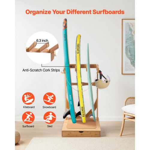 Vertical Surfboard Stand 3 Tiers Wooden Surfboard Rack for Storage and Display