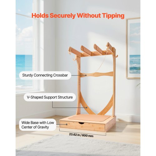 Vertical Surfboard Stand 3 Tiers Wooden Surfboard Rack for Storage and Display
