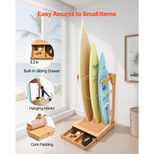 Vertical Surfboard Stand 3 Tiers Wooden Surfboard Rack for Storage and Display