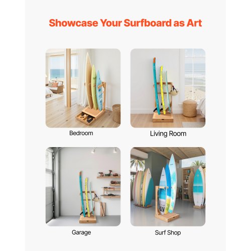 Vertical Surfboard Stand 3 Tiers Wooden Surfboard Rack for Storage and Display