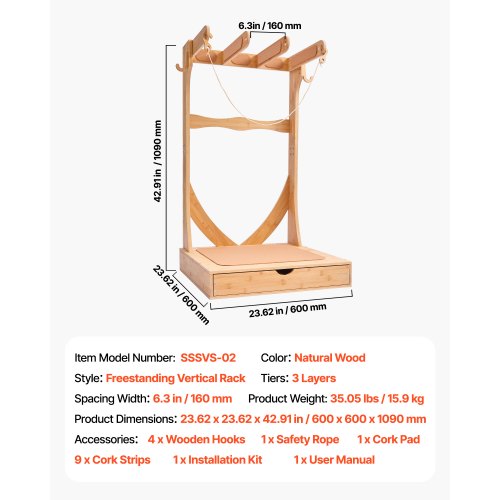 Vertical Surfboard Stand 3 Tiers Wooden Surfboard Rack for Storage and Display