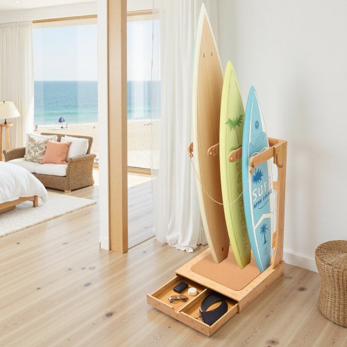 Vertical Surfboard Stand 3 Tiers Wooden Surfboard Rack for Storage and Display