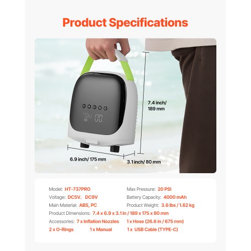 Paddle Board Pump 20PSI High Pressure Rechargeable BatteryPowered Dual