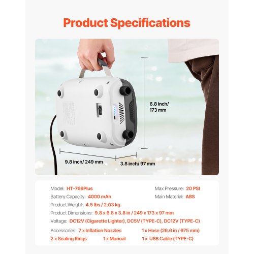 20PSI Paddle Board Pump Rechargeable BatteryPowered Dual Stage Inflation