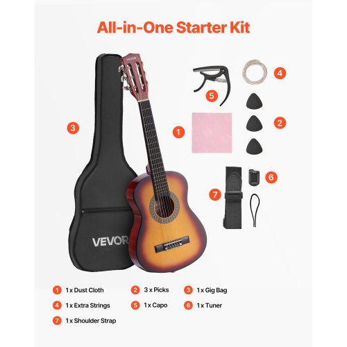 Classical Guitar 30 Inch Wood Classical Guitar Starter Kit for Beginners