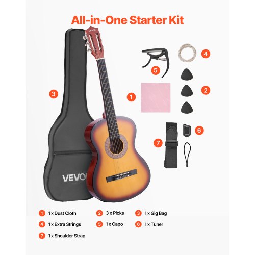 Classical Guitar 38 Inch Wood Classical Guitar Starter Kit for Beginners