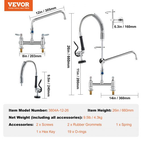 Commercial Faucet with PreRinse Sprayer 26 Height 8 Center 12 Swing
