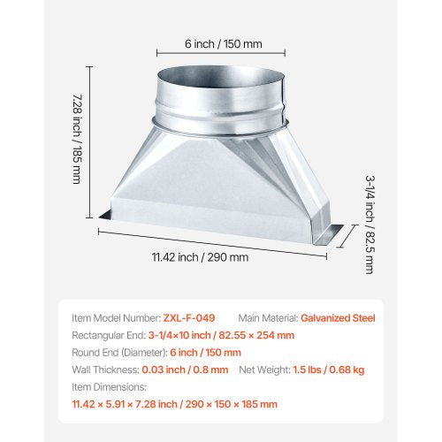 Duct Boot 314 x 10 x 6 inch Duct End Boot Galvanized to Round Transition