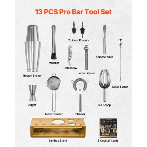 Cocktail Shaker Set 13Piece Stainless Steel Bar Tools with Bamboo Stand