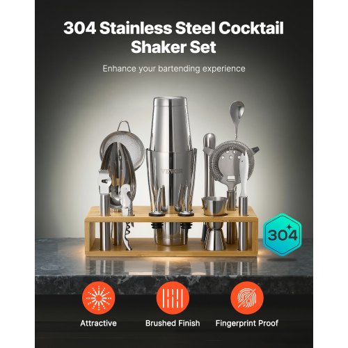 Cocktail Shaker Set 13Piece Stainless Steel Bar Tools with Bamboo Stand