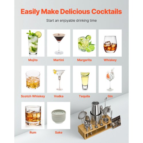 Cocktail Shaker Set 13Piece Stainless Steel Bar Tools with Bamboo Stand