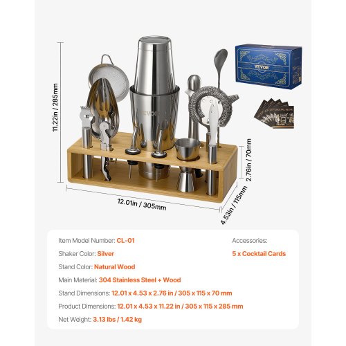 Cocktail Shaker Set 13Piece Stainless Steel Bar Tools with Bamboo Stand