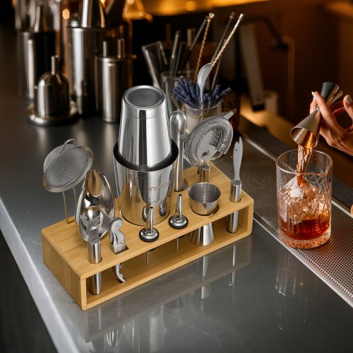 Cocktail Shaker Set 13Piece Stainless Steel Bar Tools with Bamboo Stand