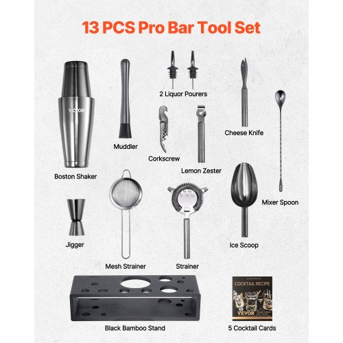 Cocktail Shaker Set 13Piece Stainless Steel Bar Tools with Bamboo Stand