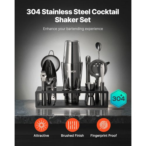 Cocktail Shaker Set 13Piece Stainless Steel Bar Tools with Bamboo Stand