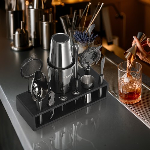 Cocktail Shaker Set 13Piece Stainless Steel Bar Tools with Bamboo Stand