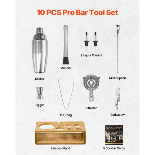 Cocktail Shaker Set 10Piece Stainless Steel Bar Tools with Bamboo Stand