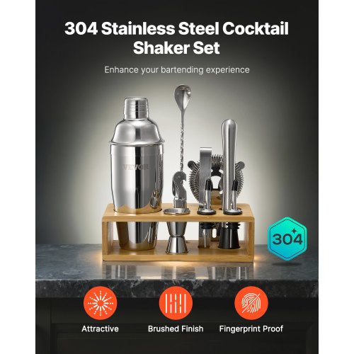 Cocktail Shaker Set 10Piece Stainless Steel Bar Tools with Bamboo Stand