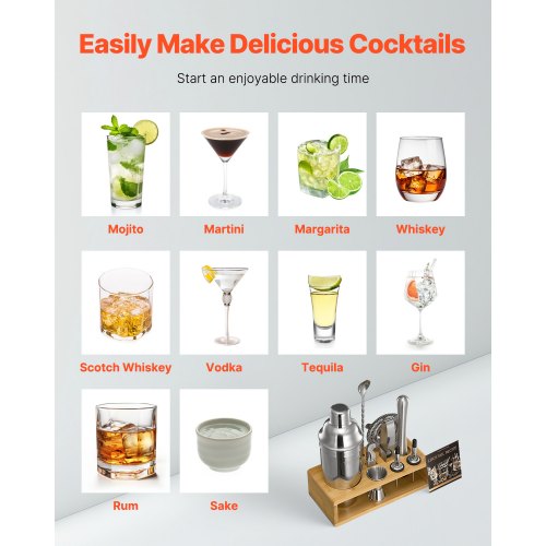 Cocktail Shaker Set 10Piece Stainless Steel Bar Tools with Bamboo Stand