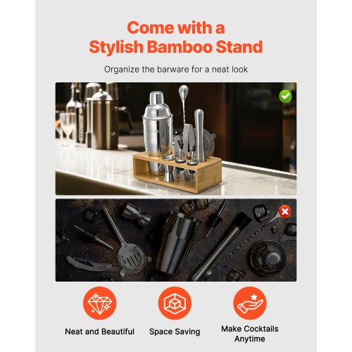 Cocktail Shaker Set 10Piece Stainless Steel Bar Tools with Bamboo Stand
