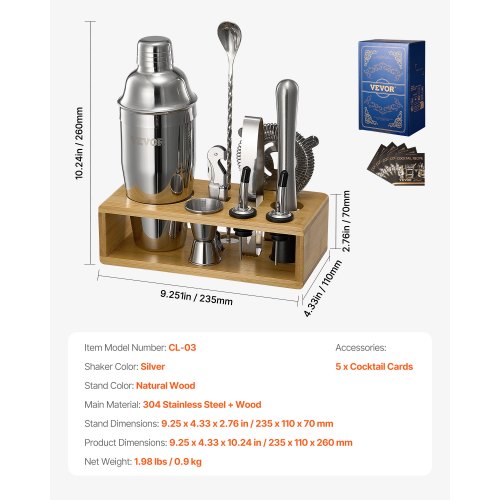 Cocktail Shaker Set 10Piece Stainless Steel Bar Tools with Bamboo Stand