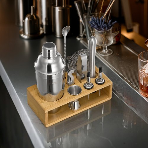Cocktail Shaker Set 10Piece Stainless Steel Bar Tools with Bamboo Stand