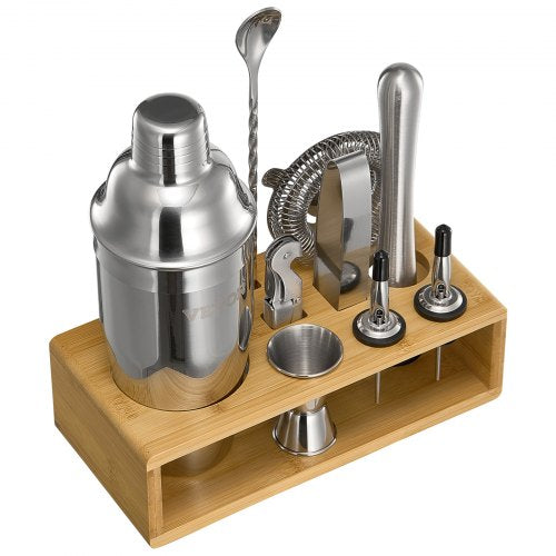 Cocktail Shaker Set 10Piece Stainless Steel Bar Tools with Bamboo Stand