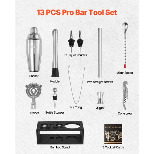 Cocktail Shaker Set 13Piece Stainless Steel Bar Tools with Bamboo Stand