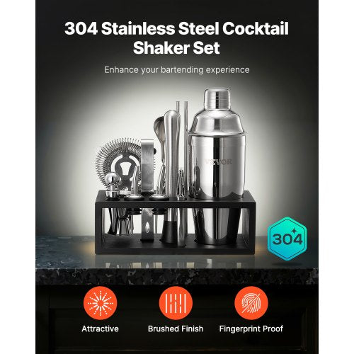 Cocktail Shaker Set 13Piece Stainless Steel Bar Tools with Bamboo Stand