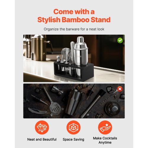 Cocktail Shaker Set 13Piece Stainless Steel Bar Tools with Bamboo Stand