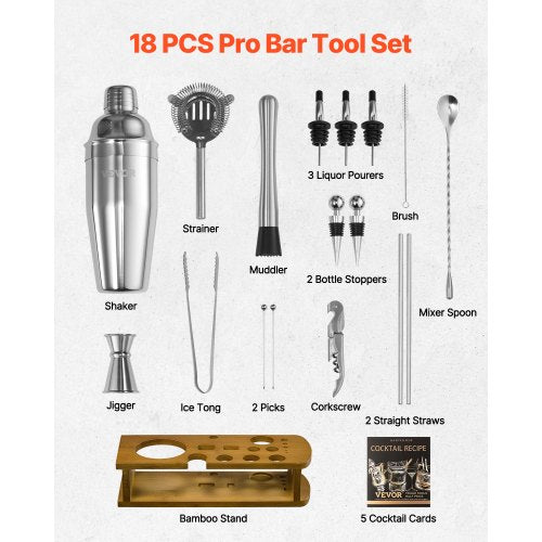 Cocktail Shaker Set 18Piece Stainless Steel Bar Tools with Bamboo Stand